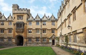 Photo of Oriel College's front quad and clock tower