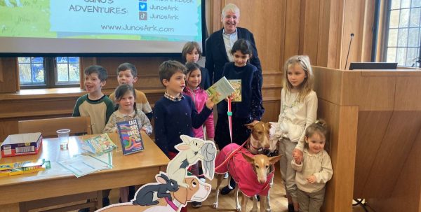 Jim Mellon with children at Oriel Literature Festival