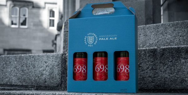 Bottles of 698 beer on stone steps