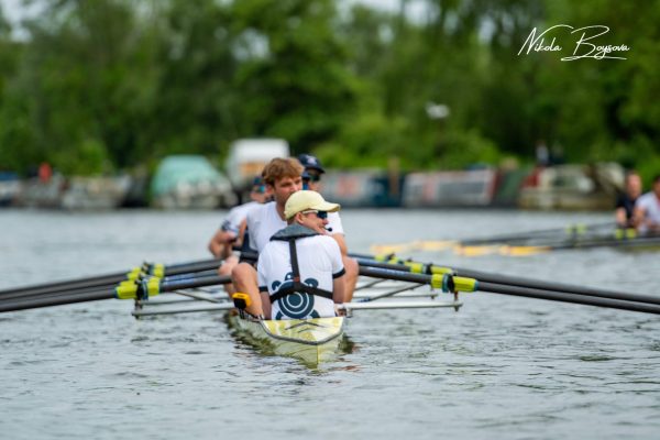 Oriel College rowers on the Isis