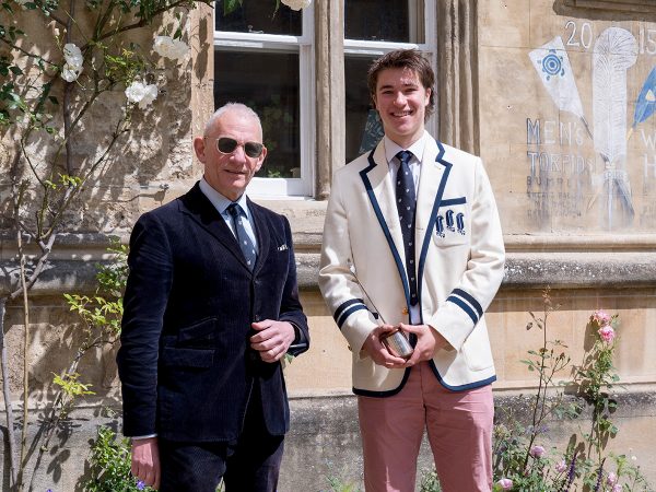 Provost of Oriel College Lord Mendoza CBE with Tom Bisatt, 2024 recipient of Elis White Memorial Trophy