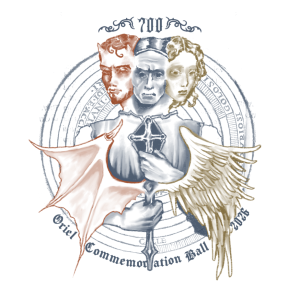 2026 Commemoration Ball Logo - 3 heads around a depiction of angel and devil wings