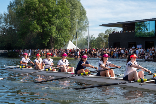 Oriel Women's VIII rowing on the river